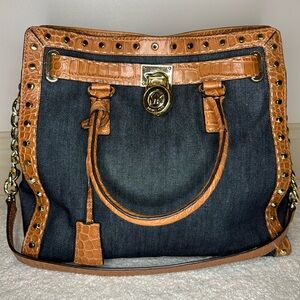 Micheal Kors dark denim studded large tote bag